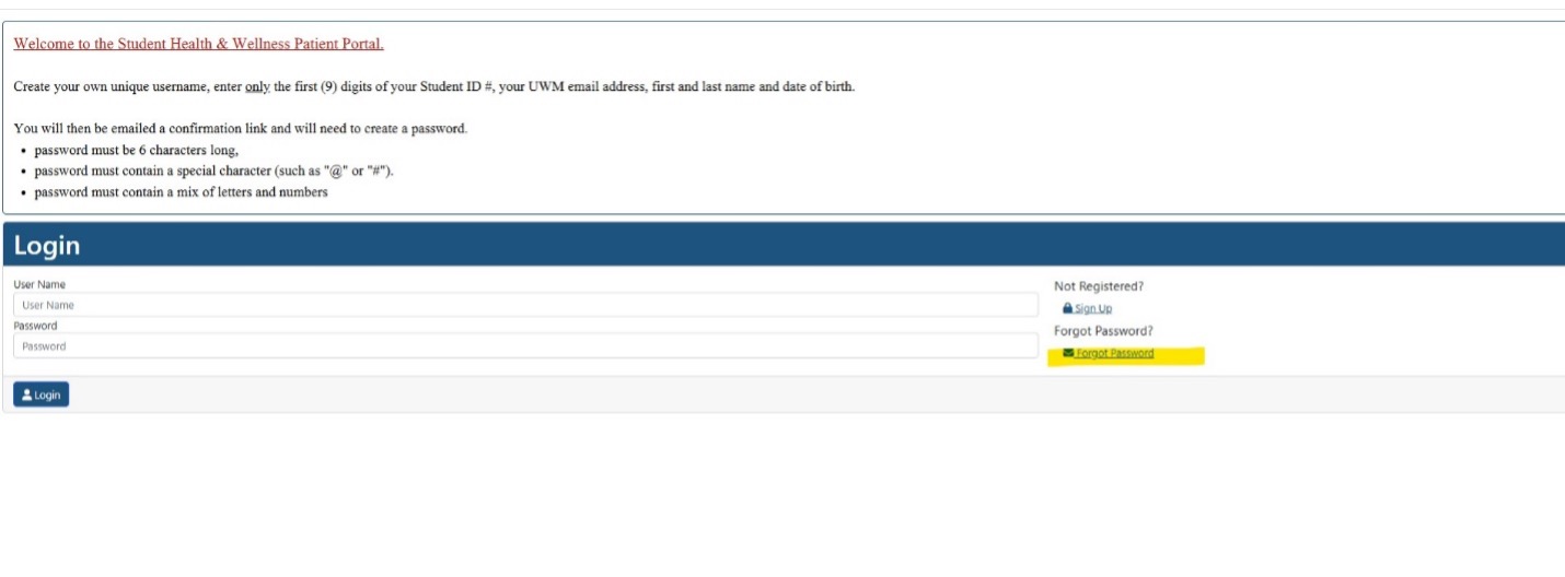 A screenshot of the inside of the patient portal, highlighting the "forgot password" link for students who forgot their passwords
