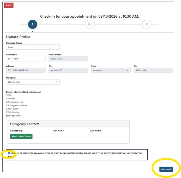A pop up window with appointment information, reminding students to check a privacy protection box and click 'continue' at the bottom