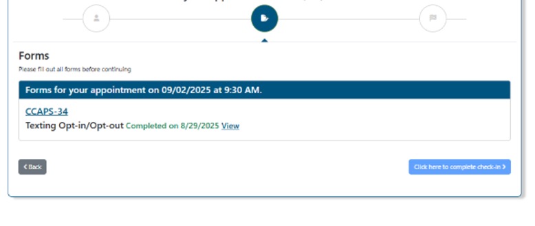 A pop up window titled 'forms' with information about forms needed to be completed before the appointment