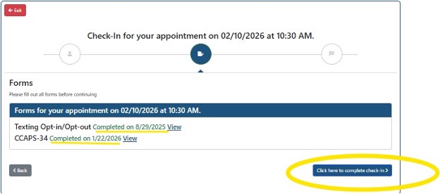A pop up window titled 'forms' with completed forms submitted and a circle around a button that says 'click here to complete check-in' in the bottom right corner
