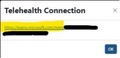 A pop up window titled 'telehealth connection' with a partial link highlighted showcasing the link students will need to click