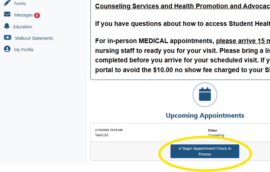 A screenshot of the patient portal, with a yellow circle highlighting the blue appointment check in button