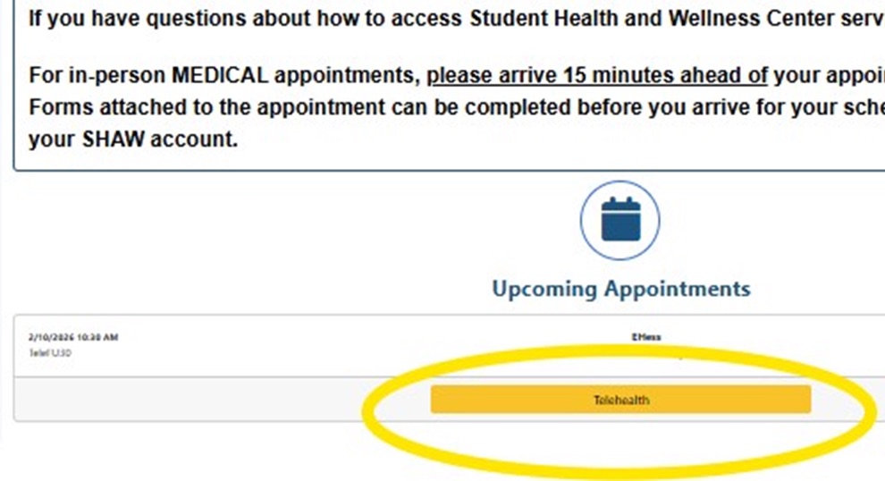 a screenshot of the patient portal home page with a circle highlighting the 'telehealth' button