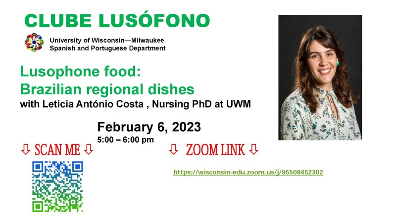 Flyer for Clube Lusófono event on Brazilian regional dishes with Leticia António Costa, February 6, 2023, via Zoom