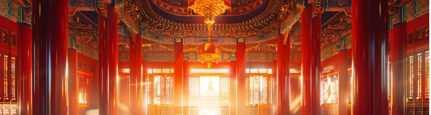 Royal Chinese palace hall interior with column. Landmark religion building architecture