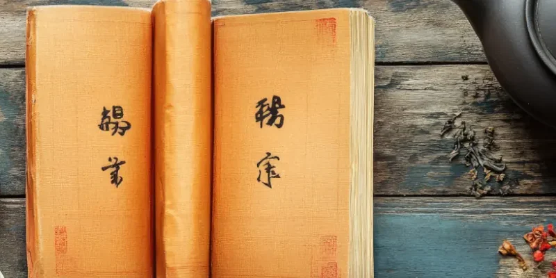 book with asian characters next to tea pot and cups