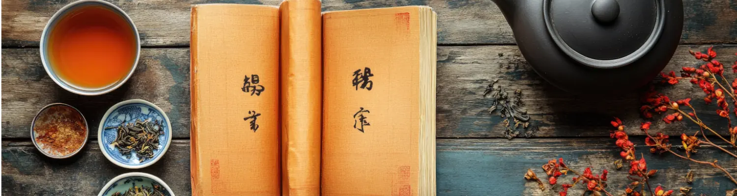 book with asian characters next to tea pot and cups