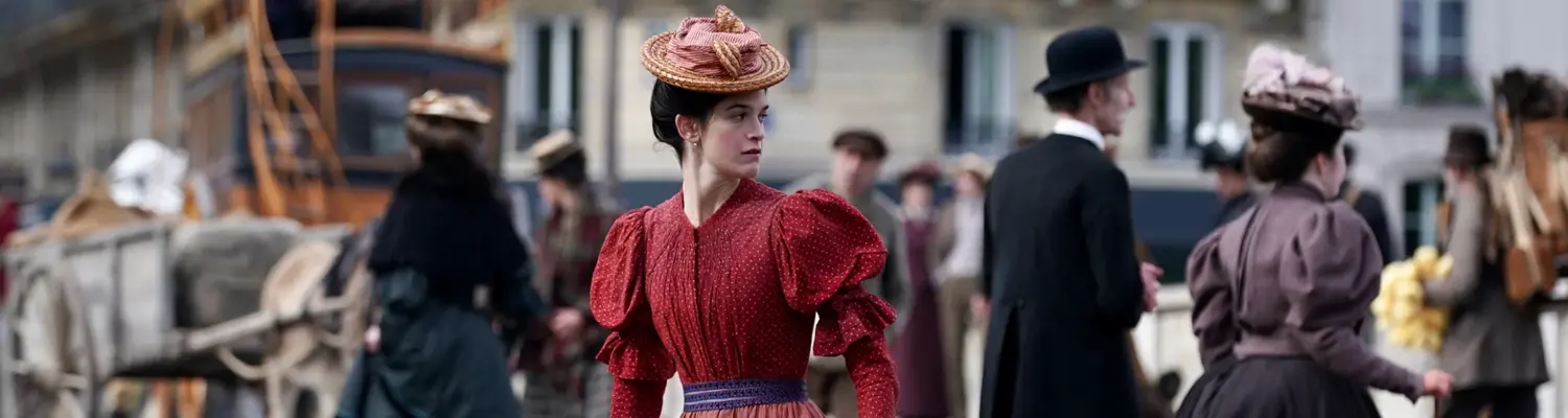 Color of Time period movie screenshot of woman in red dress