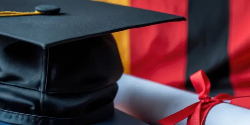 Graduate cap and diploma on a German flag