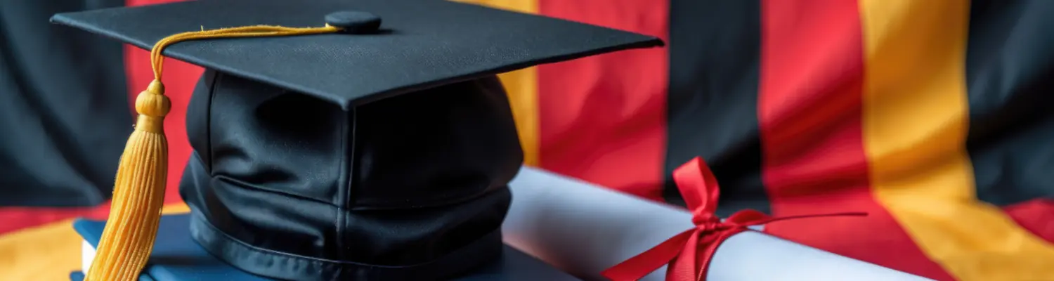 Graduate cap and diploma on a German flag