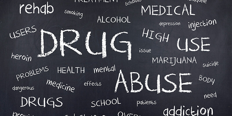 Words related to drugs and abuse written on a chalkboard in a collage