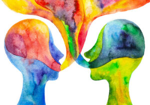 Watercolor illustration of two heads with colorful coming out of their mouths and blending together