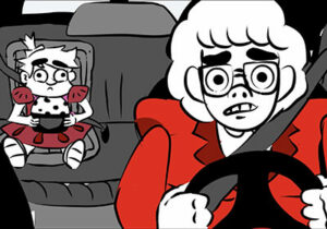 Drawing of nervous woman driving car with small child in backseat