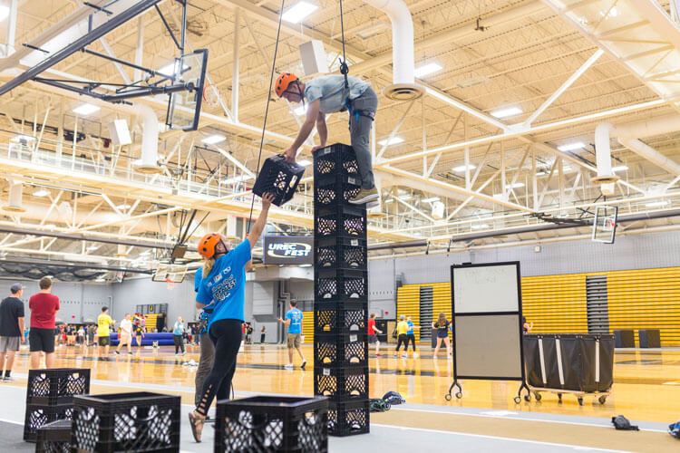 Students competing in crate stacking.