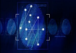 Illustration of blue fingerprint containing dots connected with lines