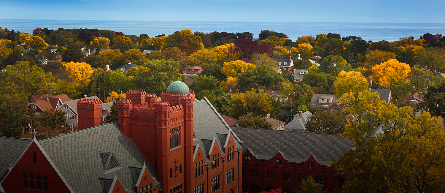Aerial photo of Johnston Hall with Lake Michigan in the background