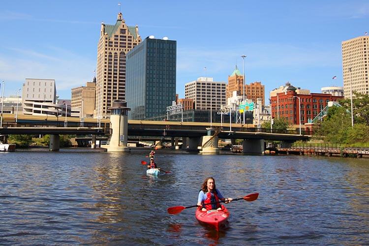 Students kayaking on the Milwaukee River