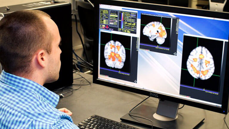 Student looking at scans of the human brain on a computer