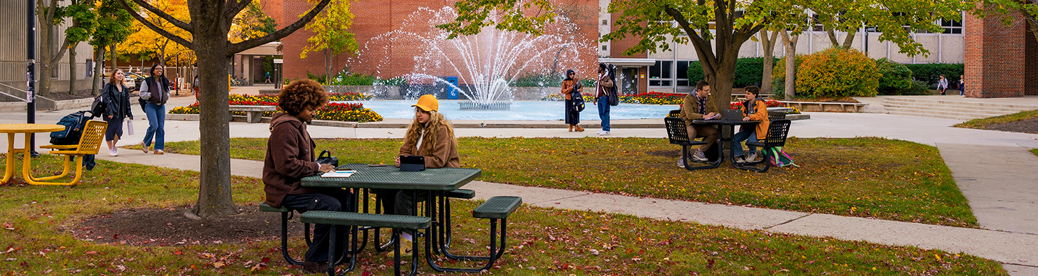 Students studying outside on a nice Fall day near the UWM Fountain
